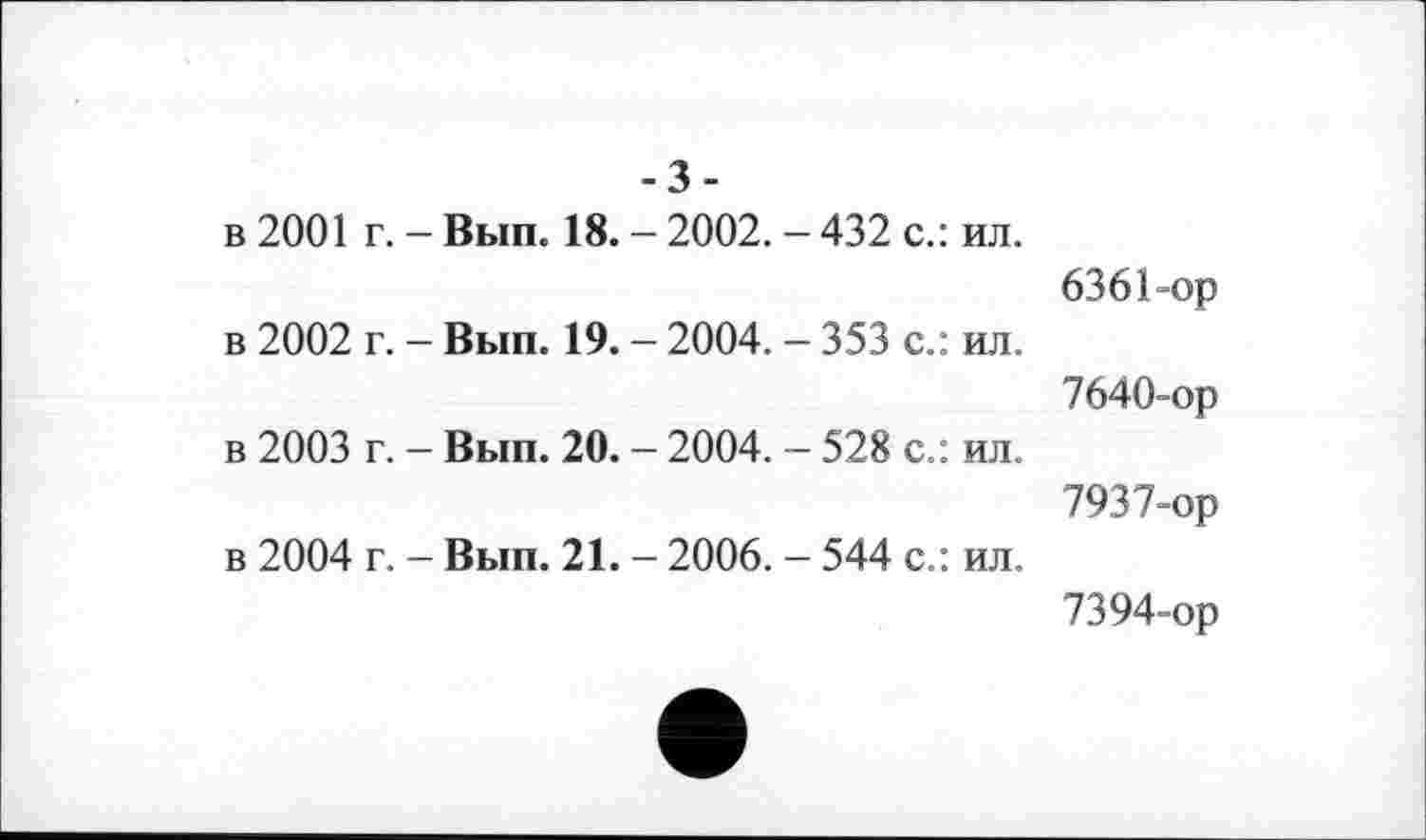 ﻿-3-
в 2001 г. - Вып. 18. - 2002. - 432 с.: ил.
6361-ор
в 2002 г. - Вып. 19. - 2004. - 353 с.: ил.
7640-ор
в 2003 г. - Вып. 20. - 2004. - 528 с.: ил.
7937-ор в 2004 г. - Вып. 21. - 2006. - 544 с.: ил.
7394-ор